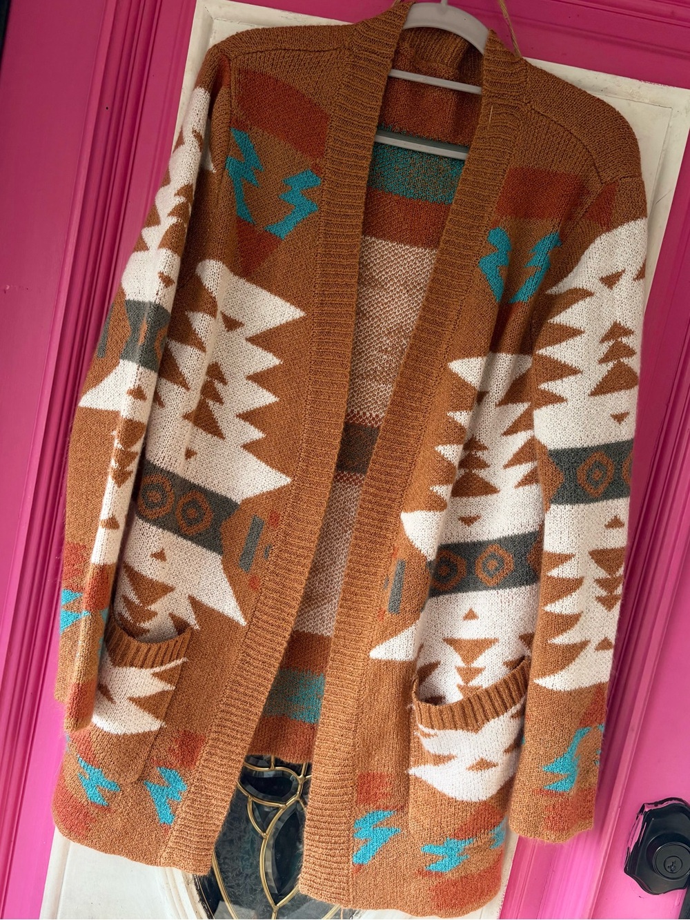 Cozy Southwestern Aztec Knit Cardigan in Rust & Cream - Picture 2 of 11